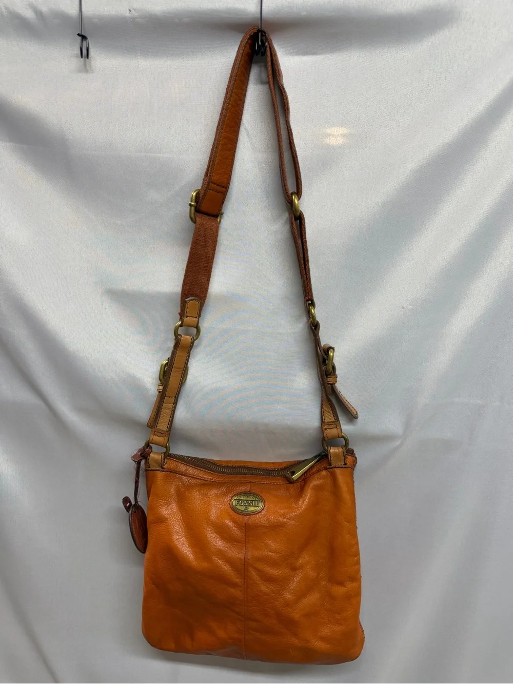 Fossil Explorer Crossbody Bag Orange Cognac Pebbled Leather Brass Vintage